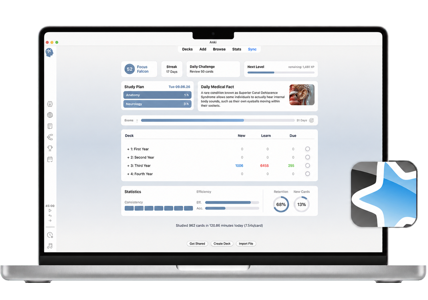 SynapsePro dashboard running inside Anki on a MacBook