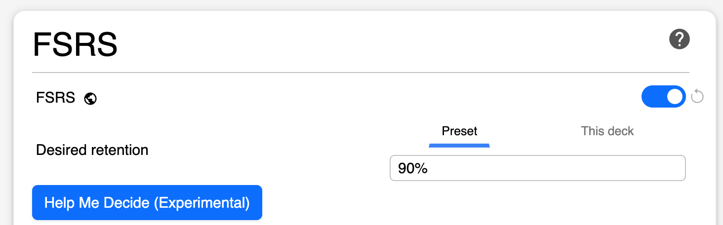Anki FSRS deck options showing desired retention set to 90 percent and the Help Me Decide button