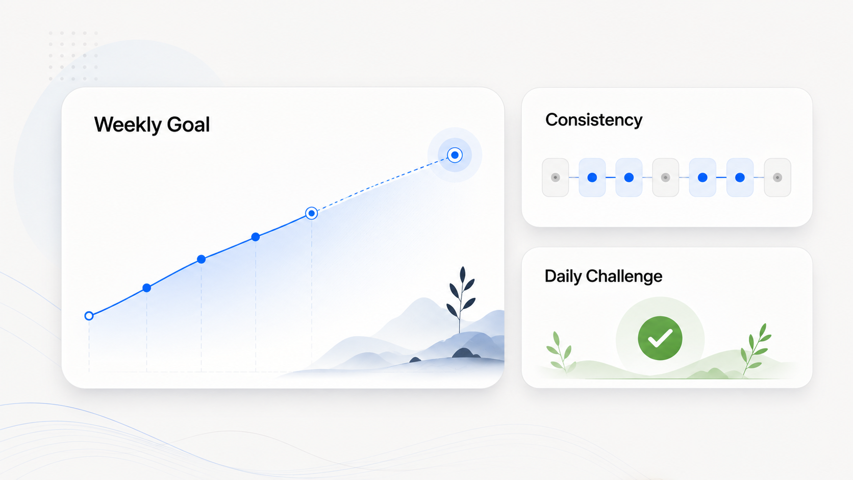 Calm learning dashboard showing a weekly goal, study consistency, and a completed daily challenge