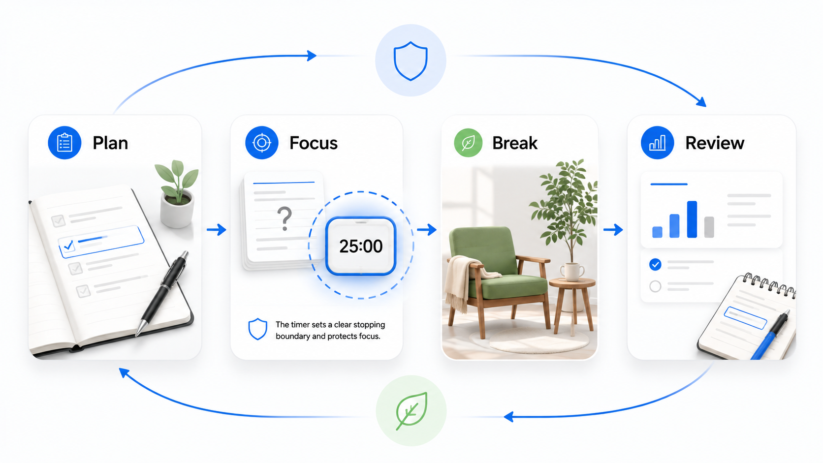 Four-stage Pomodoro study cycle moving from planning to focused flashcard review, a restorative break, and progress review